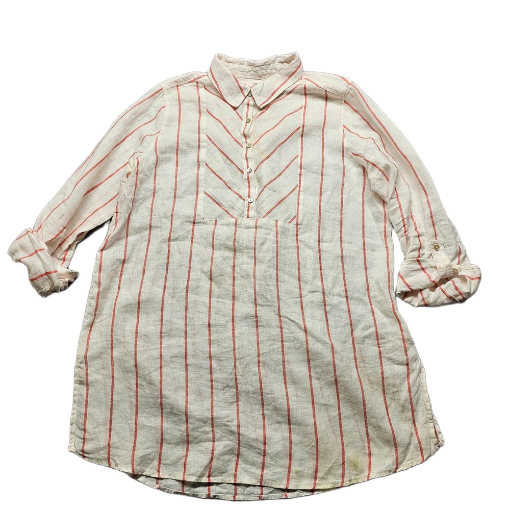 C&C California Tunic Top Womens L Cream Red Striped Roll Tab Sleeve Button Front